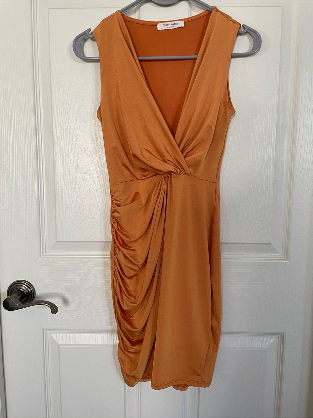Cherry Mellow Ruched Bodycon Sleeveless Dress in Burnt Orange size S